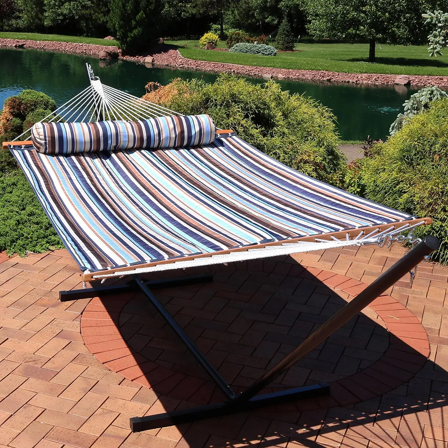 Outdoor Quilted Fabric Hammock - Two-Person with Spreader Bars - Heavy-Duty 450-Pound Capacity