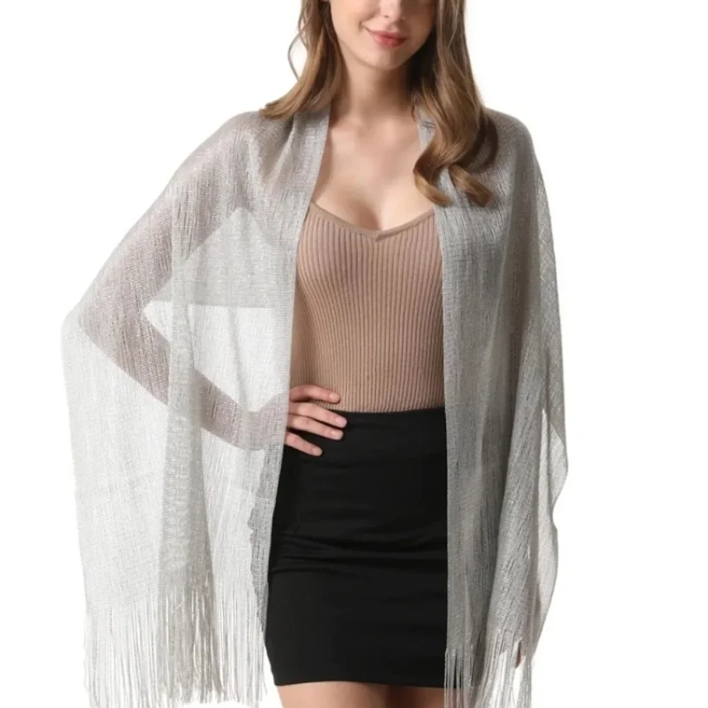 160*50cm Fashion Bright Silk Sunscreen Shawl Hijab Gold Silver Shiny  Scarves For Women Lace Tassel Party Evening Dress Scarf