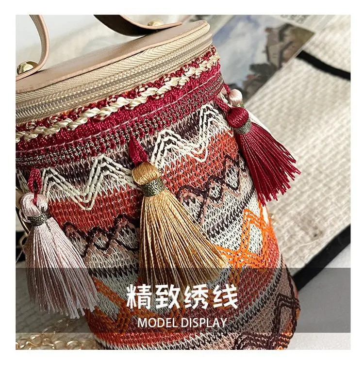 Handwoven Cup Bag with Zipper Pocket Bohemia Style Tassel Leather Top Handle Metal Shoulder Strap Small Bucket Tote Designer