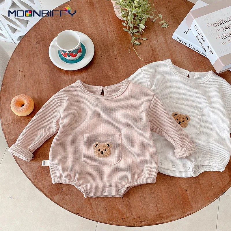 

Spring Fall Romper Baby Cute Cartoon Bear Embroidery Long Sleeve Front Pocket Jumpsuit Girl Boy Casual Clothes 0-2Y Baby Costume