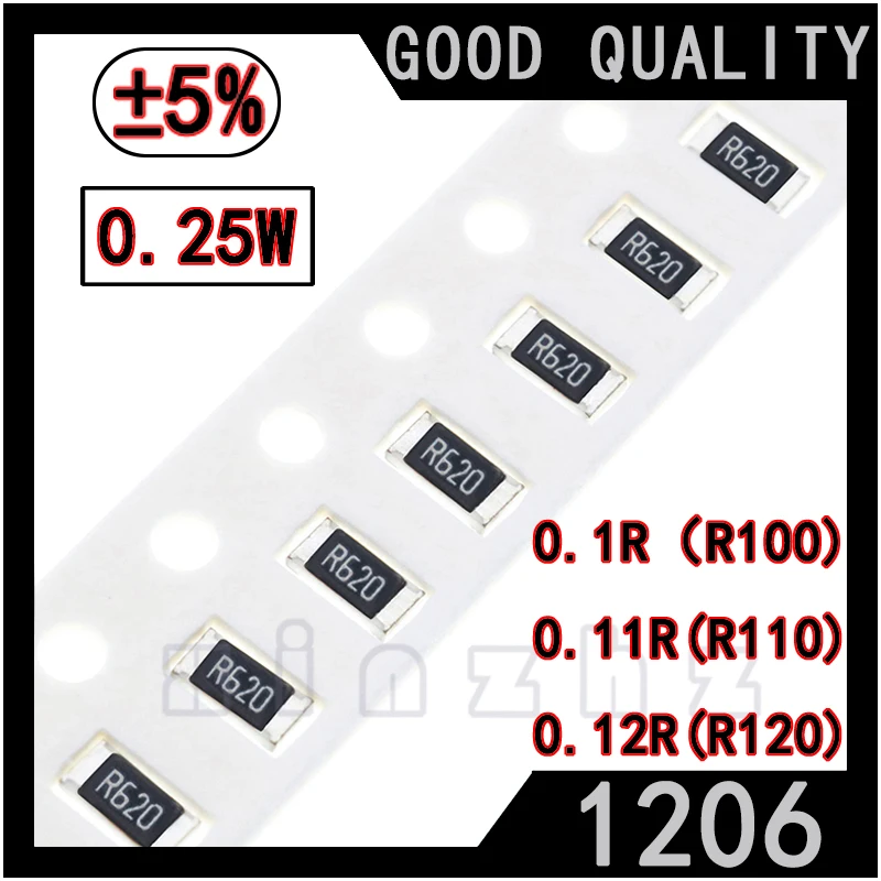 50 шт., чиповый резистор SMD 1206, высокоточный чип 5% Вт, фиксированное сопротивление 0.1R 0.11R 0.12R 0.1Ω Ом, печать R100 R110 R120