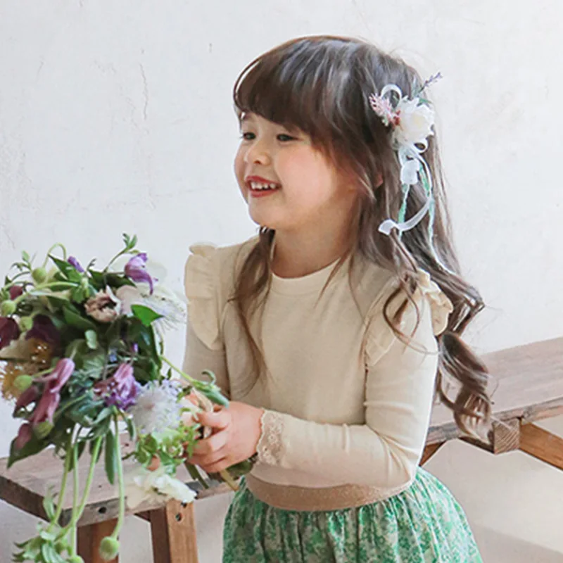 

2023 Autumn Korean Children's Wear Girls' Comfortable Lace Edge Elastic Bottom T-shirt girls clothes