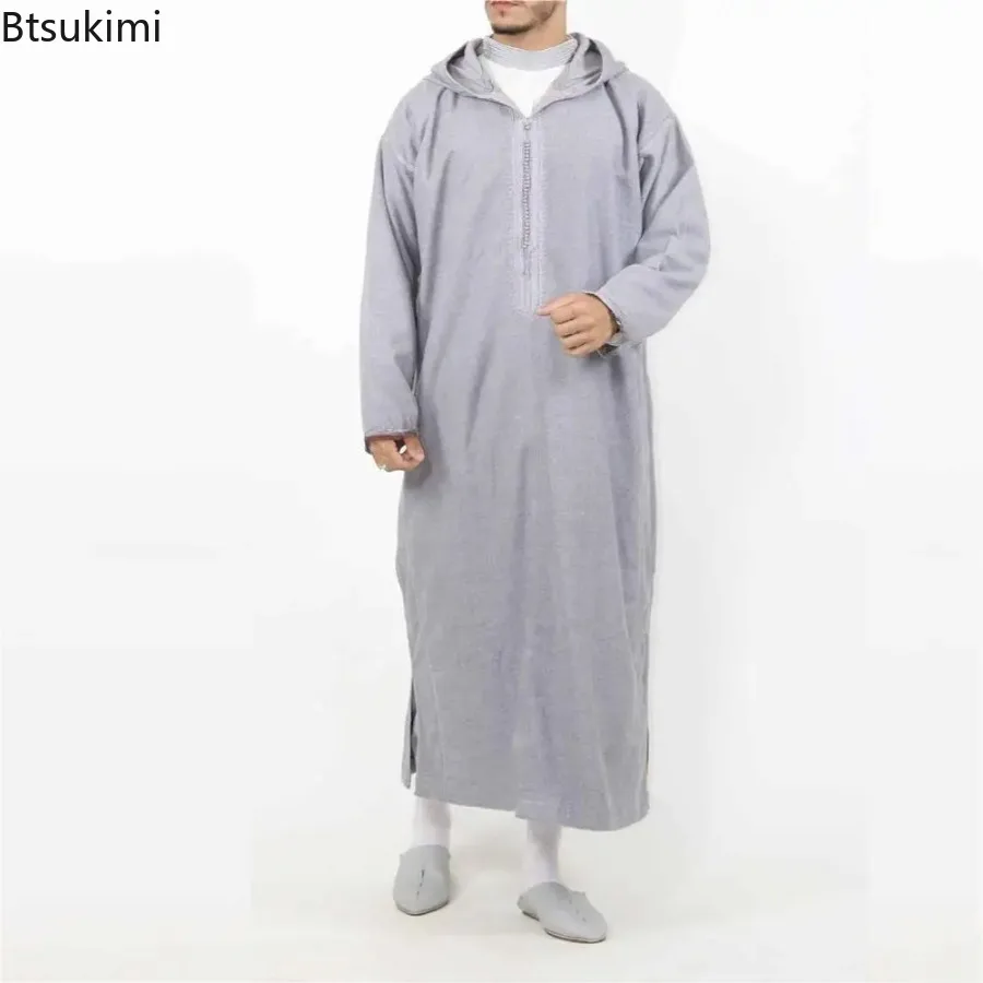 Marocain Gris Coton Malifa Laine Mélange Capuche Manches Longues Juba Thobe