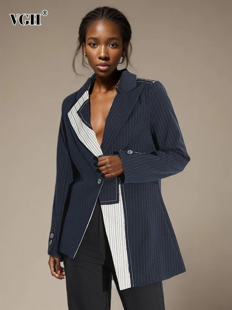 

VGH Colorblock Striped Casual Asymmetrical Blazers For Women Notched Collar Long Sleeve Spliced Button Chic Blazer Female New