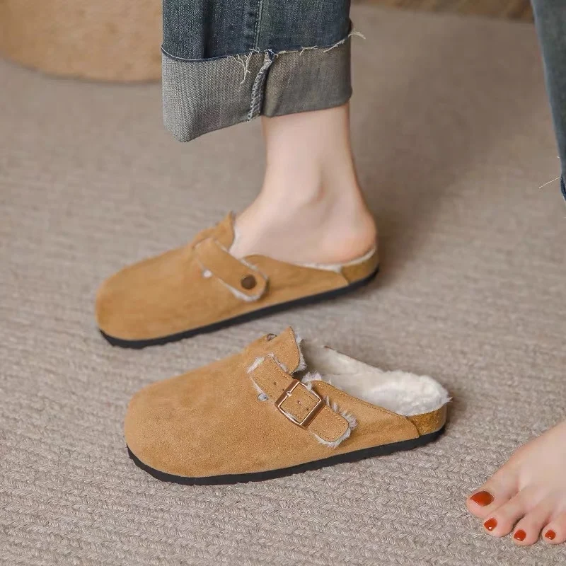 

Новинка 2023, женские тапочки, зимние Бархатные однотонные модные шлепанцы Baotou на низком каблуке, уличная замшевая Повседневная простая женская обувь