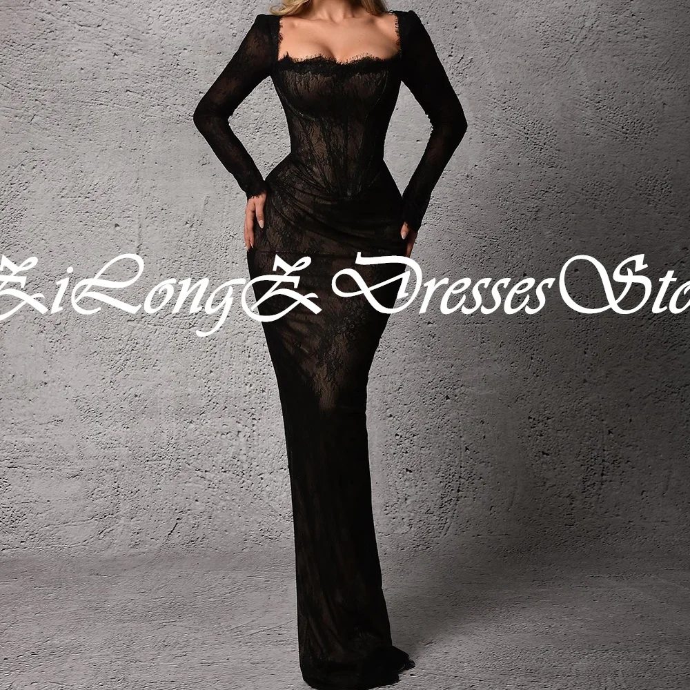 Evening Dresses Cocktail Dress Lace Square Collar Mermaid Sweep Train Long Sleeves Floor Length