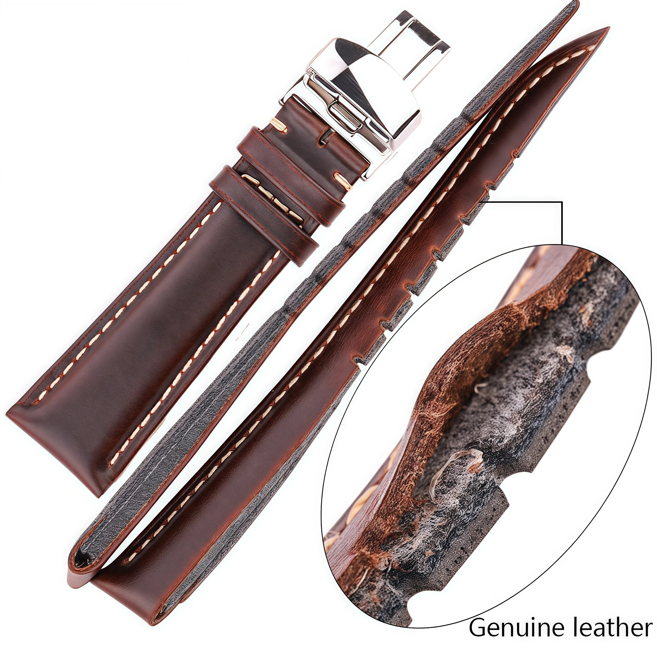 Vintage Genuine Leather Watch Band with Quick Release and Double Push Deployment Clasp