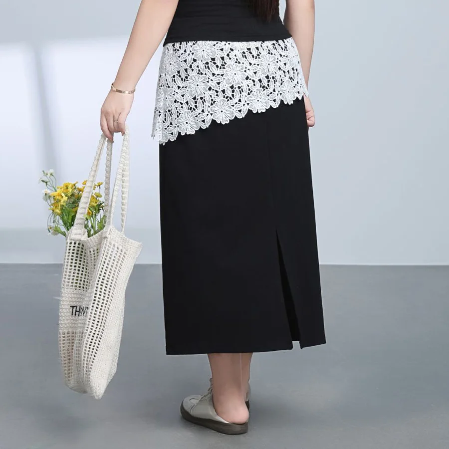 Lace Patchwork Cover The Hips A-Line Skirt Plus Size Women's Premium Chic Bohemian Woven Back Slit Skirt