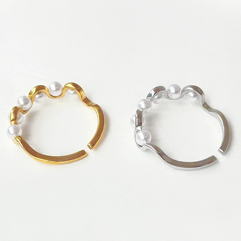 High End PVD fashion Opening Wave Pearl Rings Stainless Steel Gold Silver Color Adjustable For Women Metal Jewelry 4