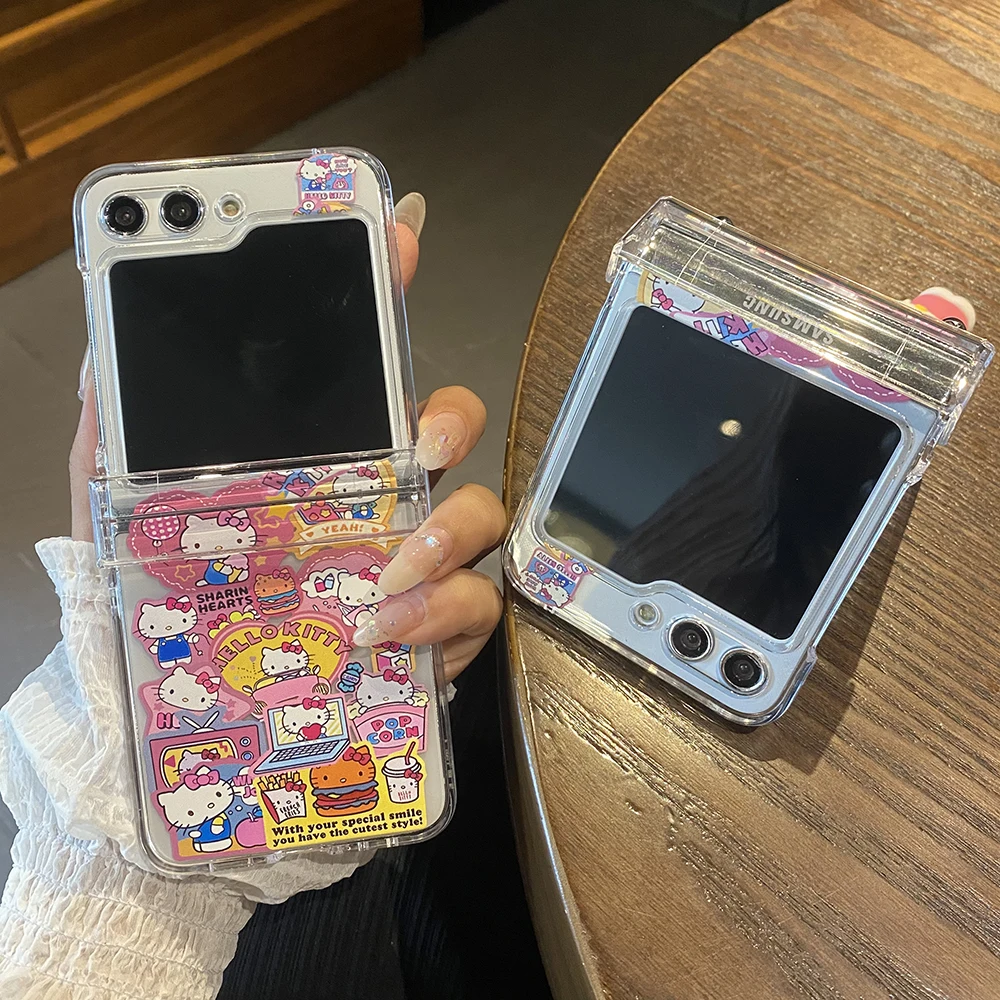 

Cartoon Sanrios Hellos Kitties with Pendant Phone Case for Samsung Galaxy Z Flip 3 4 5 Z Fold 5 5G Hard PC Back Cover Girl Gift