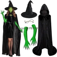 Halloween Evil Witch Costume Set for Women Gothic Wizard Cosplay Green Claw Gloves Sharp Hat Set Adult Carnival Party Dress Up 1