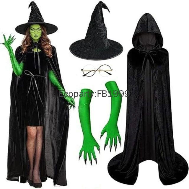 Halloween Evil Witch Costume Set for Women Gothic Wizard Cosplay Green Claw Gloves Sharp Hat Set Adult Carnival Party Dress Up 1