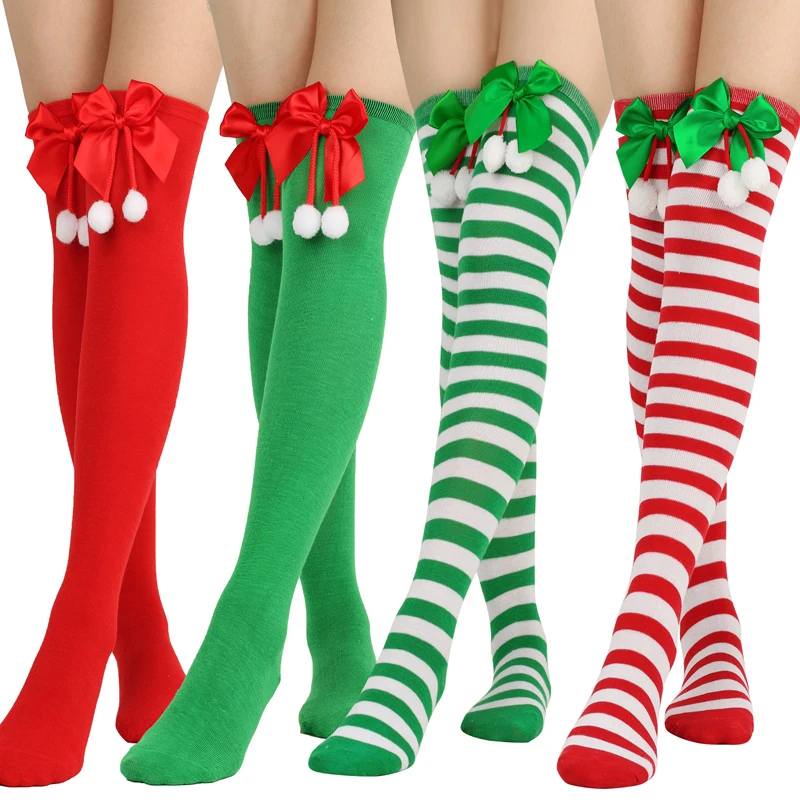 Christmas Green Red Solid Color Stocking Striped Over The Knee Bowknot Long Socks Women's Long Tube Stockings Holiday Ball Socks