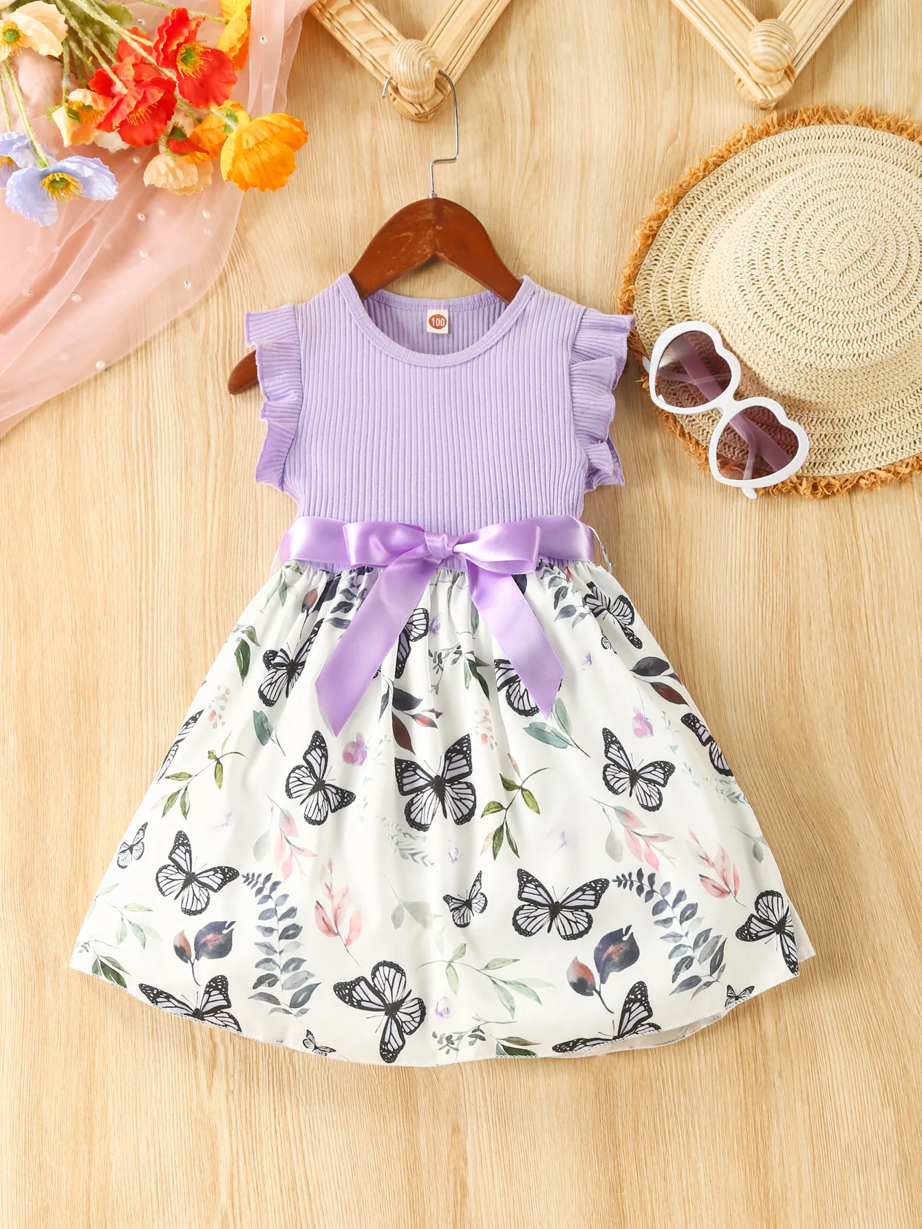 Girls Dress 3-7 Years Old Summer Sweet Casual Ruffled Butterfly Flower Print Party Korean Princess