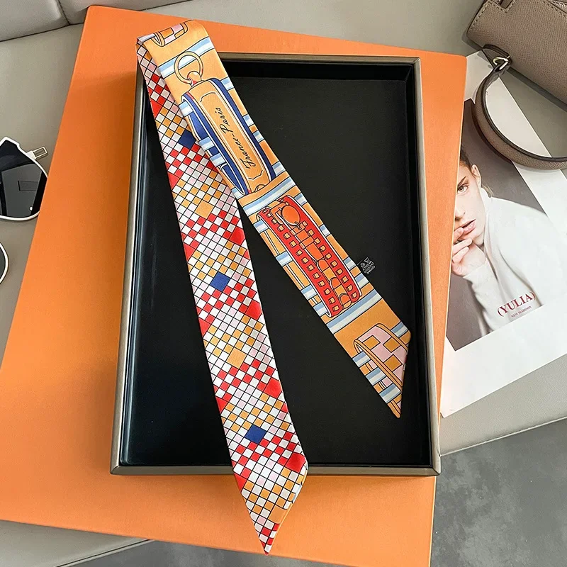 5x88CM Women New Silk Skinny Scarf Headscarf Fashion Luxury Chain Print Small Hair Scarves Long Band Lady Decorative Ties 4