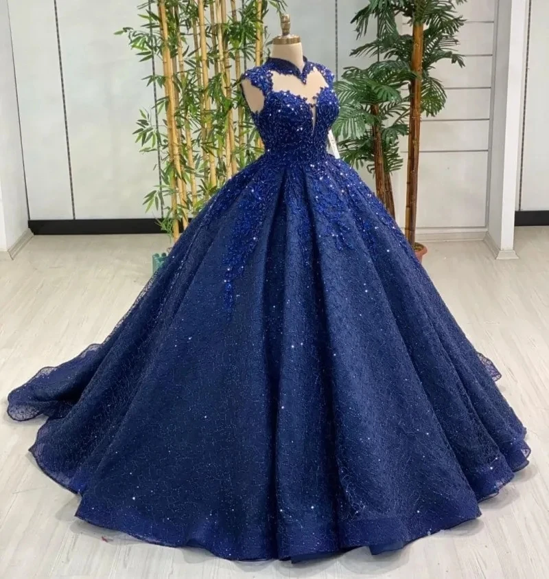 

Gorgeous Lace Formal Evening Dresses Navy Blue Princess Ball Gown Lace Beading High Collar Cap Sleeves Women Prom Pageant Gowns