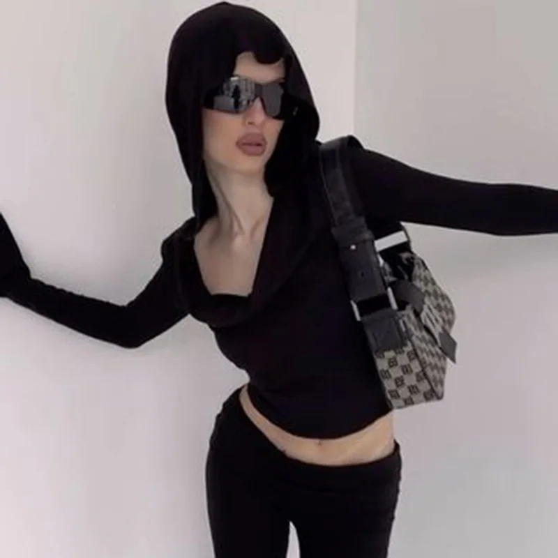 

Уличная одежда, Готическая однотонная укороченная футболка с капюшоном, темная облегающая футболка с воротником-лодочкой и длинным рукавом, элегантная женская одежда