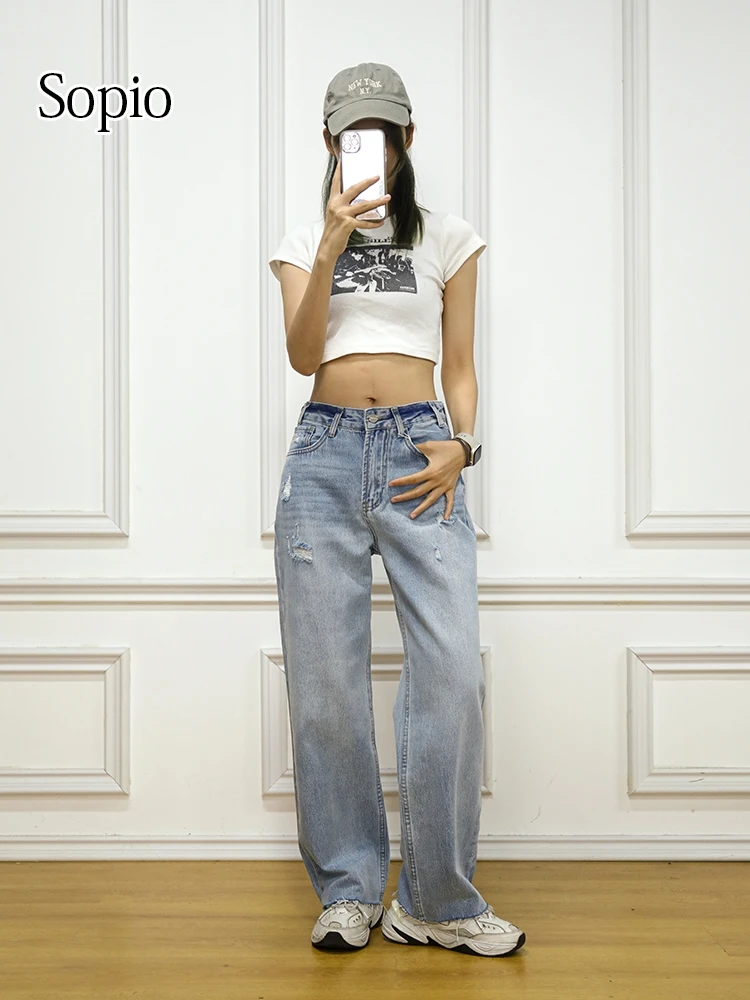 

High Waisted Women's Cropped Denim Pants Fashion Retro Straight Leg Pants Washed Water Torn Holes Worn Out Jeans Woman Clothing