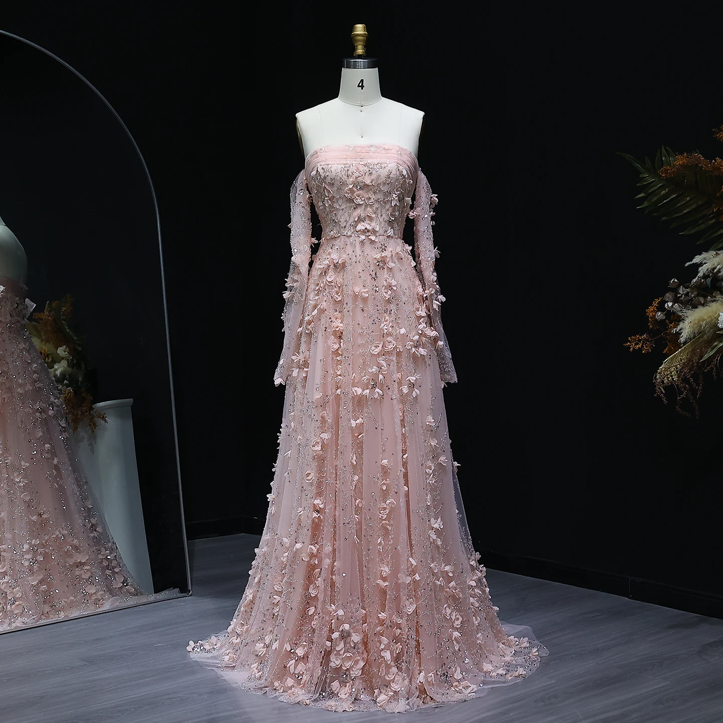Elegant Blush Pink 3D Flowers Strapless Evening Dress with Long Sleeves  Party | eBay