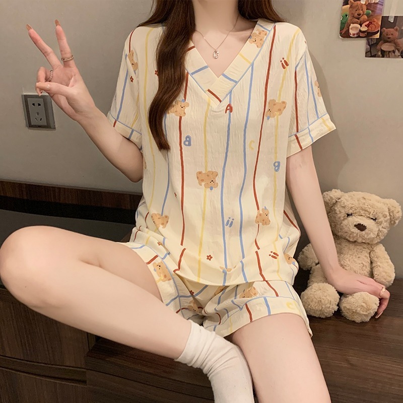 Floral Pajamas Girl Two-Piece Vulgar Sleepwear Loungewear Women Short-Sleeved Shorts Homewear Retro Bear Fun Personality Suit