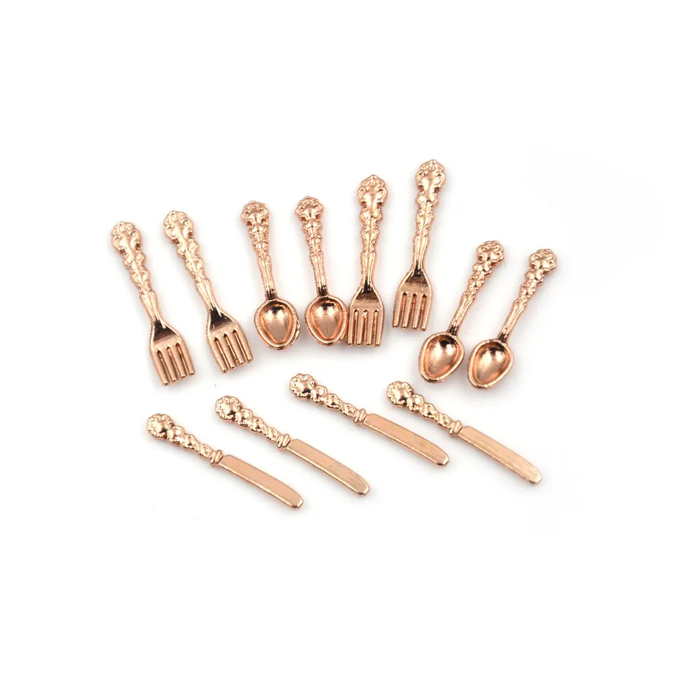 Dollhouse Furniture Set Doll House Toys Pretend Kitchen Toys Kitchen Toys 12Pcs 1:12 Mini Vintage Dollhouse Miniatures Tableware Cutlery Metal Knife Fork Spoon Kitchen Food Furniture Toys Gold Silver