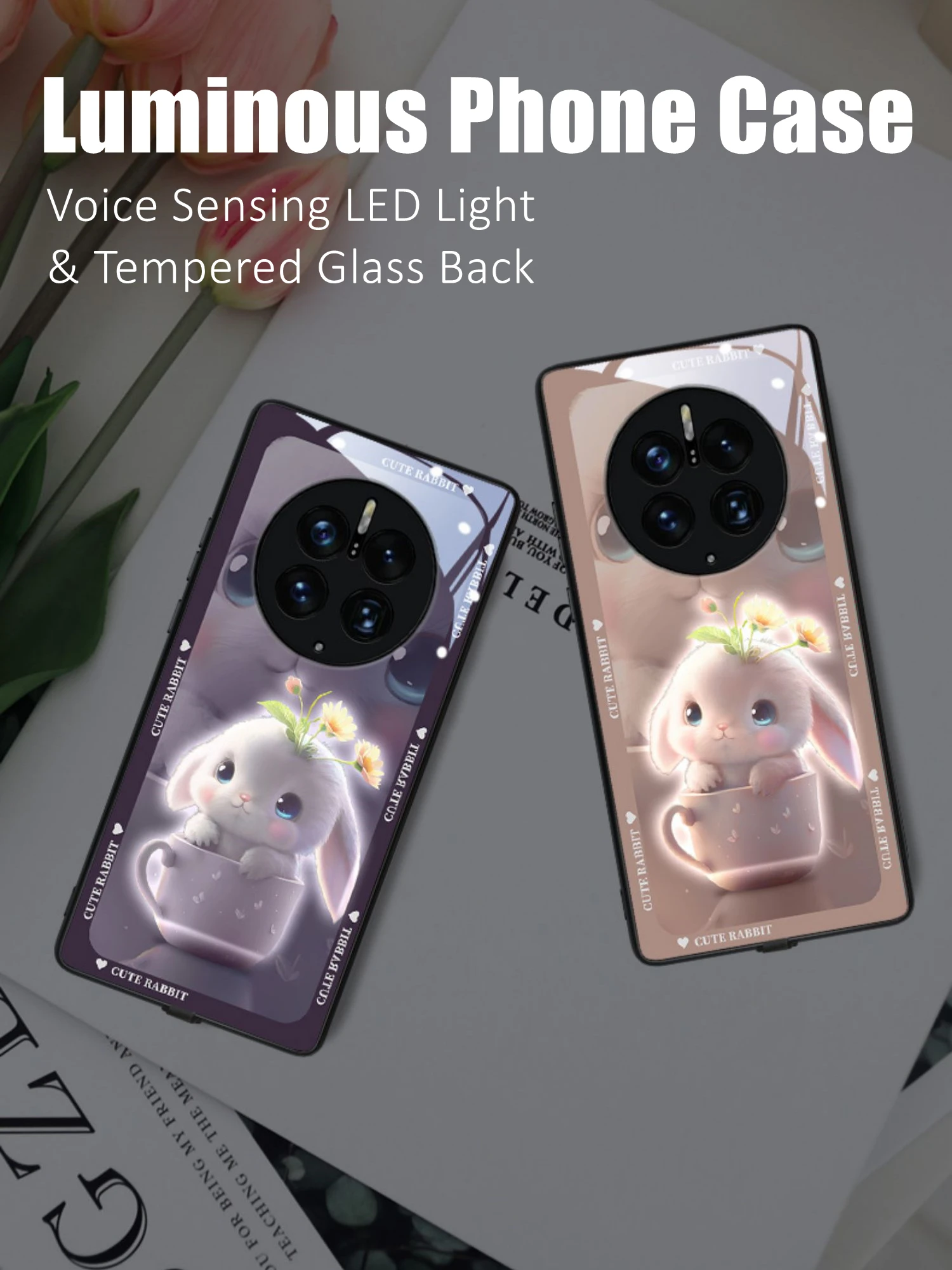

Cute Bunny Colorful LED Light Glowing Luminous Tempered Glass Back Phone Case for iPhone 11 12 13 14 15 Xs Xr Mini Pro Max Plus