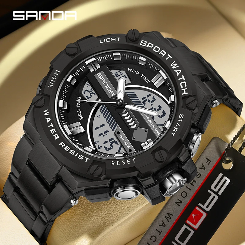 SANDA 3185 New Outdoor Sport Men Watches 50M Waterproof Quartz Wristwatch Stopwatch Alarm Double Time LED Digital Men's Clock