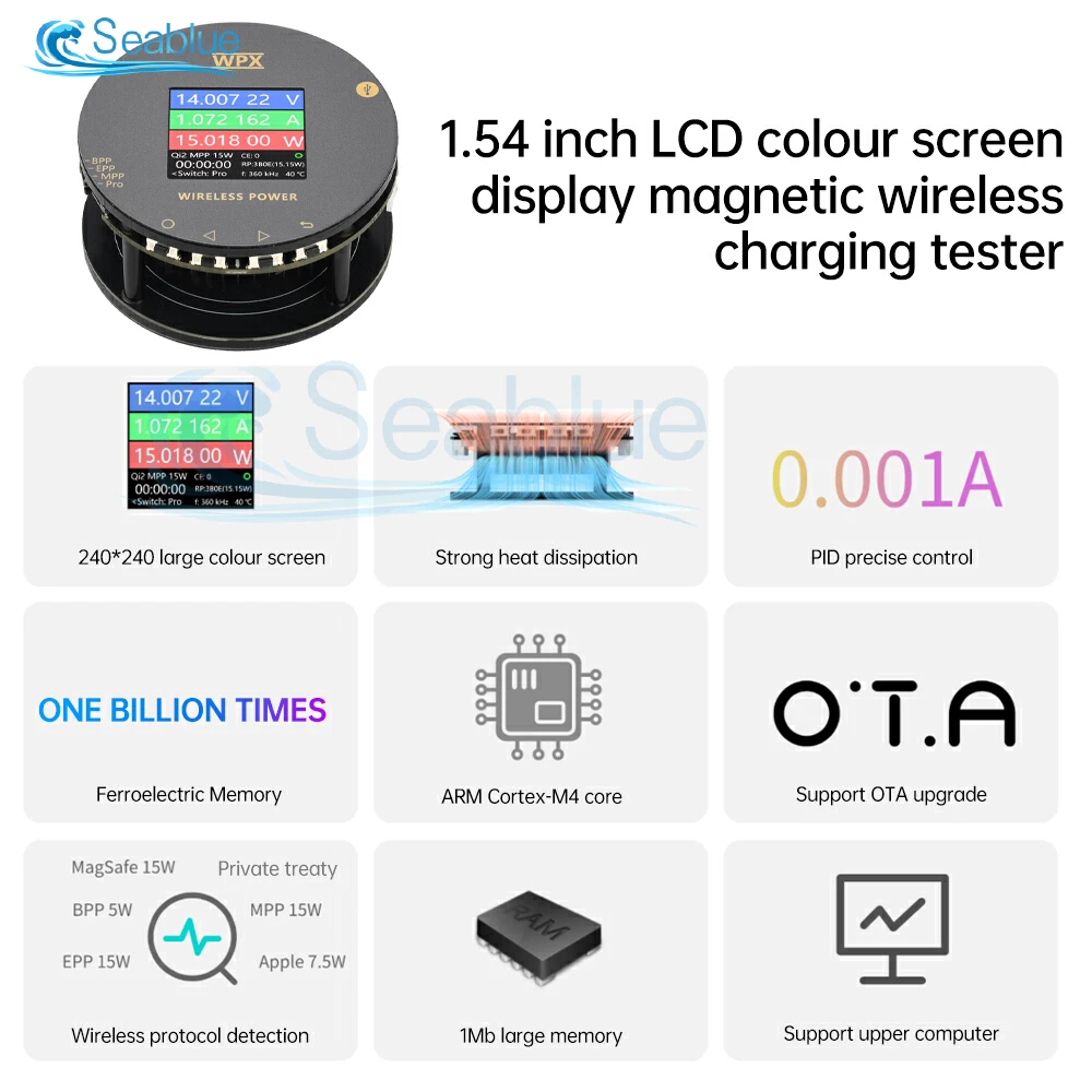 WPX-0001A 1.54 LCD 무선 충전기 테스터 Qi2/MPP 25W 고속 충전 전압/전류/전력계 Type-C 자기 전력 분석기