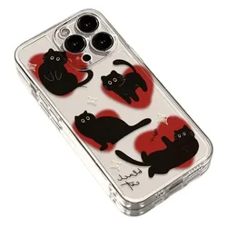 Red Heart Black Cat Clear Fashion Phone Case - Stylish Pet Pattern Cover - Galaxy M55 5G (GHT6129F)