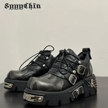 여성용 펑크 메탈 버클 로퍼, 청키 힐, 플랫폼 스니커즈, 레이스업 라운드 토 슈즈, 여성 패션 디자인, 새로운 펌프스