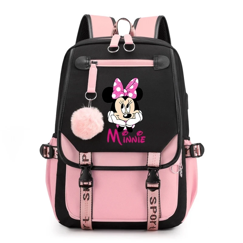 미키 미니 마우스 백팩, USB 충전 노트북 배낭, 십대 여성 남성 배낭, 여행 가방, Mochila 