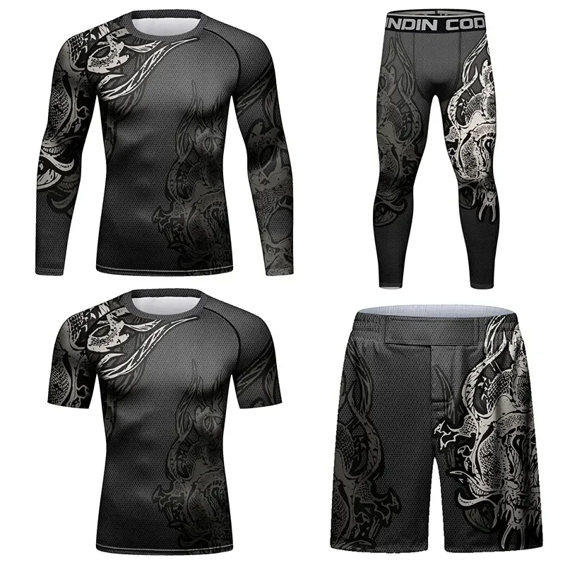 Boxing Men MMA Compression Fight Training Rash Guard T-shirt+Pants Set Bjj Gi Sports Kickboxing Jiu Jitsu Rashguard Tight Shorts sports apparel mens t shirt