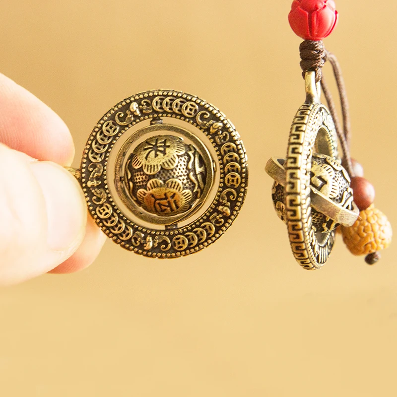 Retro Pure Brass Rotatable round Safe Trip Good Luck Comes Car Key Pendant