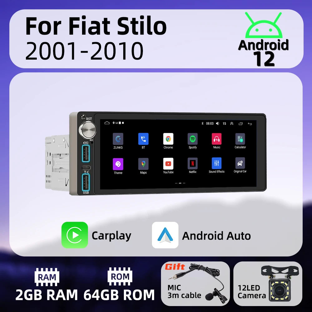 

Wireless Carplay Autoradio 6.86 Inch 1 Din Radio Android Car Multimedia for Fiat Stilo 2001-2010 Stereo Head Unit Navigation GPS