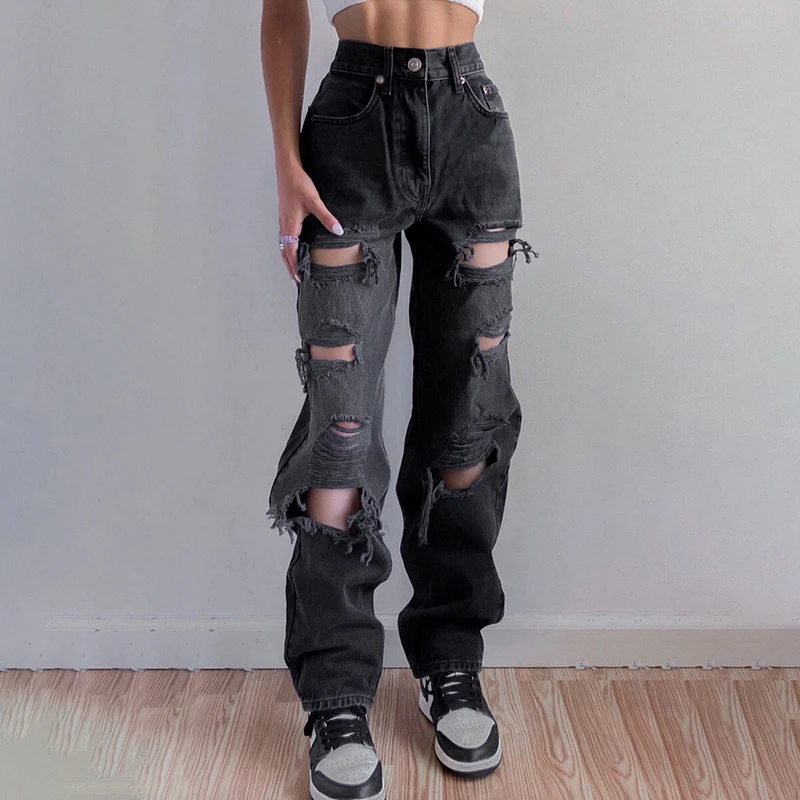 Women's Fashion High Waist Jeans Street Retro Hole Loose Wide Leg Y2K Summer Women's Street Hole Hip Hop Straight Pants jeans jacket