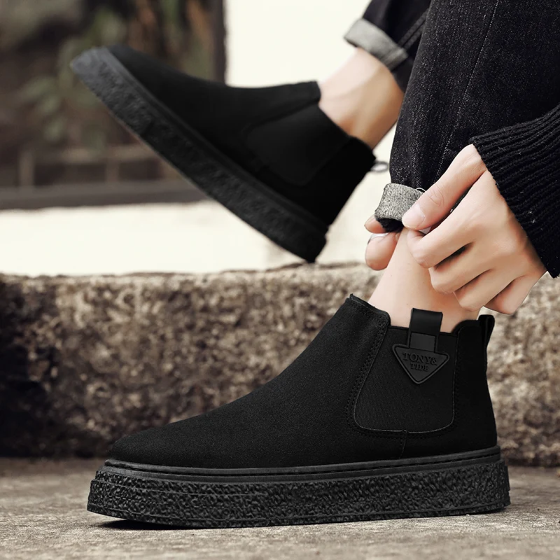 Winter Men Ankle Boots Casual Leather Chelsea Boots High-Top Slip-on Sneakers Male Outdoor Platform Work Sport Shoes 39-44