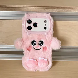 3D Cute Cartoon Winter Fluffy Plush Phone Case with Soft Bumper Protection - iPhone 14 Pro (Pink)