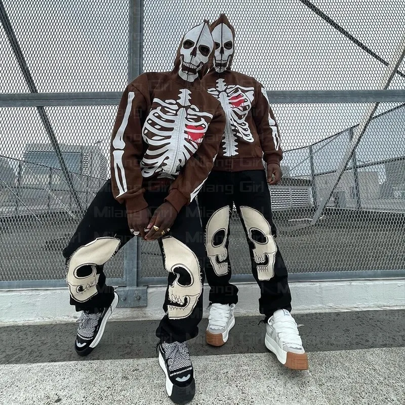 Full Zip Hoodie Skeleton Print Punk Sweatshirt Sport Coat Pullover Gothic  Long Sleeve Oversized Hoodie Y2k Jacket Men's Hoodies - Hoodies u0026  Sweatshirts - AliExpress