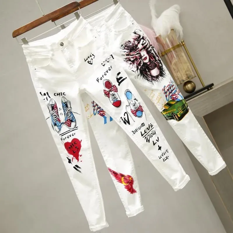 

Women White Denim Jeans Cartoon Graffiti Flowers Print Stretched Hallen Jeans Pencil Pants Autumn Skinny Jeans Ankle-Length Pant