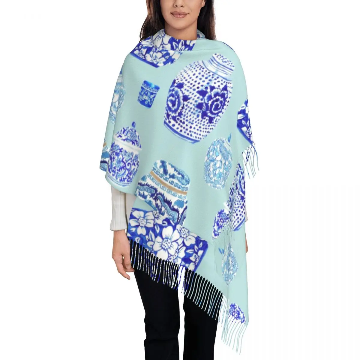 

Personalized Printed Chinoiserie Blue Porcelain Scarf Men Women Winter Fall Warm Scarves Delft Blue Oriental Style Shawl Wrap