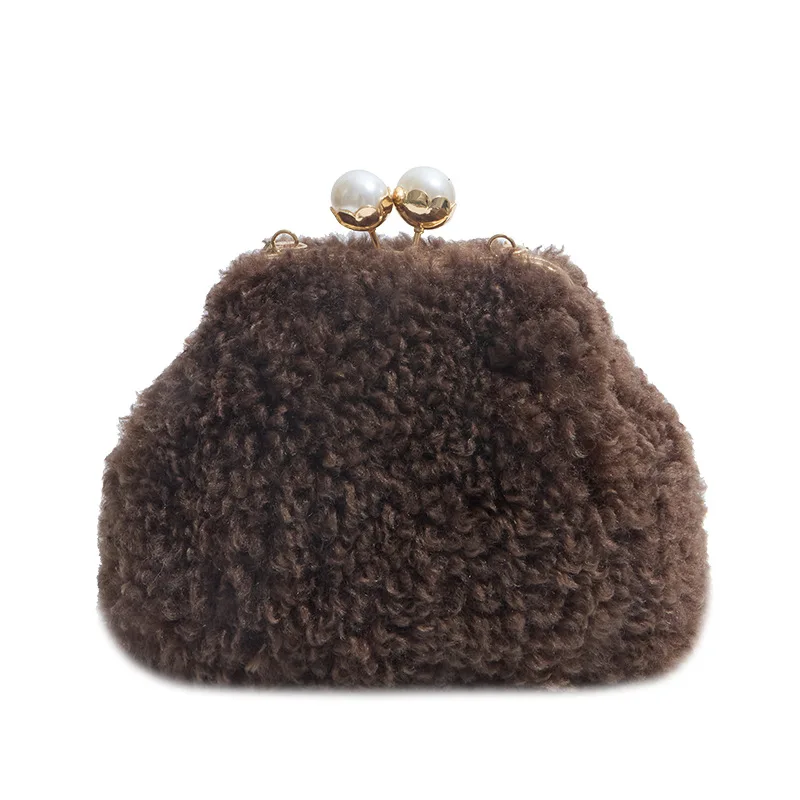 Plush Frame Bags For Women 2025 Winter New Pearl Furry Crossbody Shoulder Bags Solid Fur Luxury Handbag Soft Fluffy Bags Korean