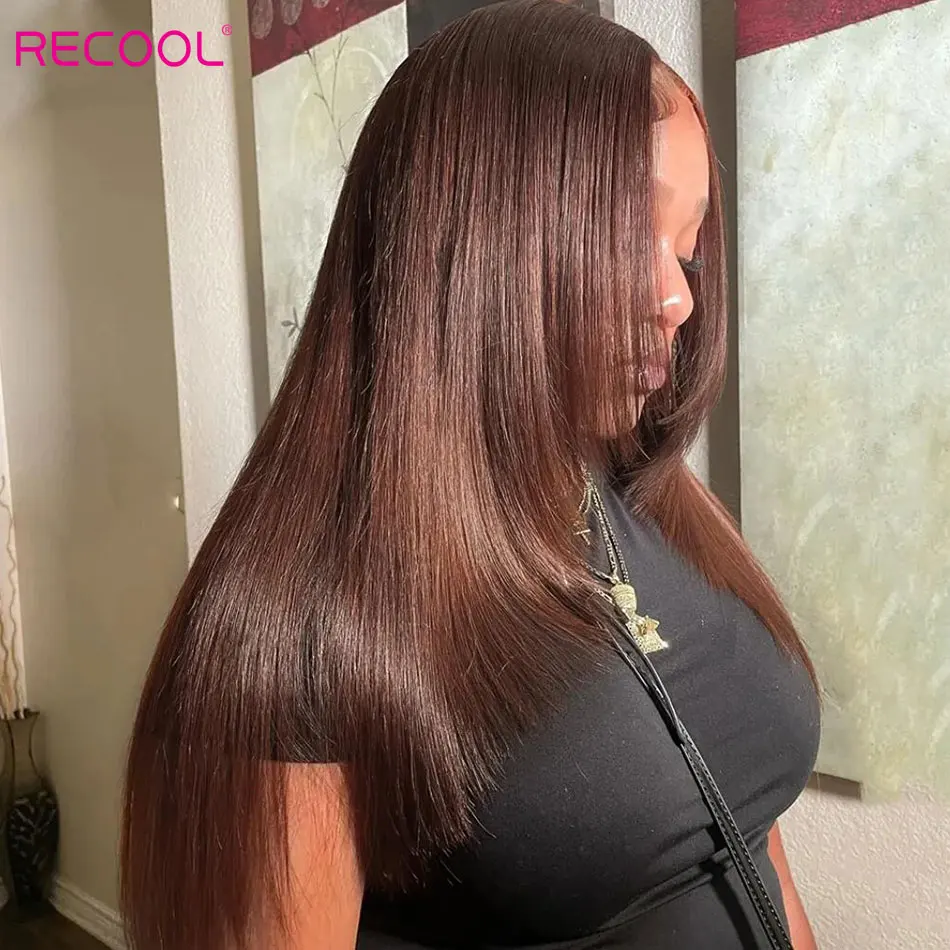 Recool Dark Brown Layered Cut Straight Human Hair Wigs Pre Plucked&Bleached 6x5 Glueless HD Lace Closure Wig 200 Density