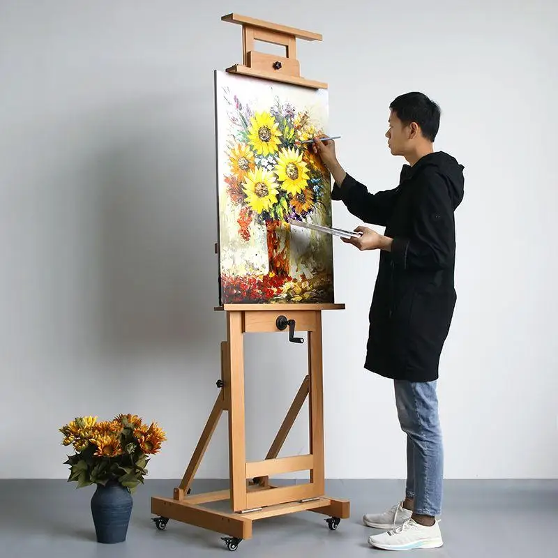 Solid Wood Hand Cranked Artist Easel Stand Floor Mounted Rack For Painting Liftable Horizontal Vertical Dual-Purpose Art Tools