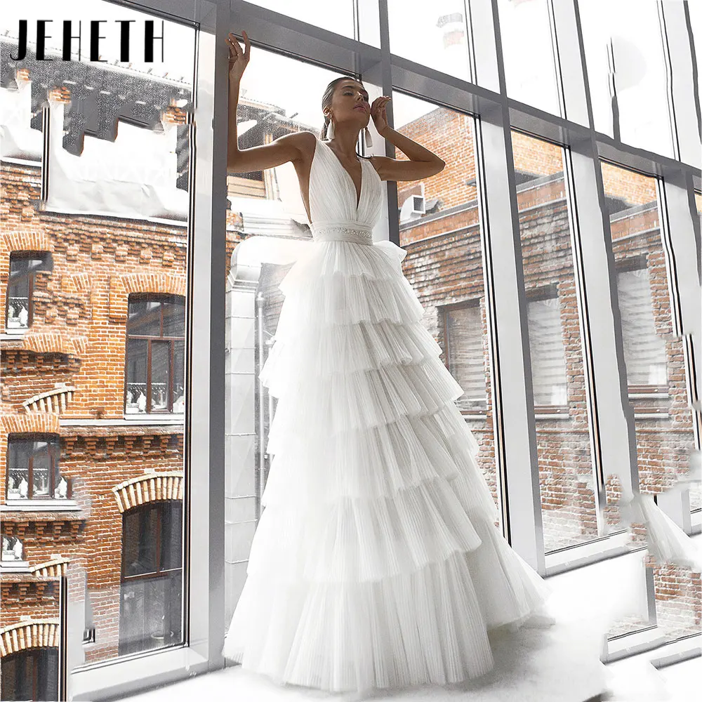 

JEHETH Simple Sleevelss Tulle Wedding Dresses 2024 Charming V Neck A-Line Bridal Gowns Spaghetti Strap Backless Vestido De Noiva