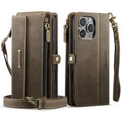 Vintage PU Leather Crossbody Zipper Purse with Card Slots Wallet Design - iPhone 15 Plus (Coffee)