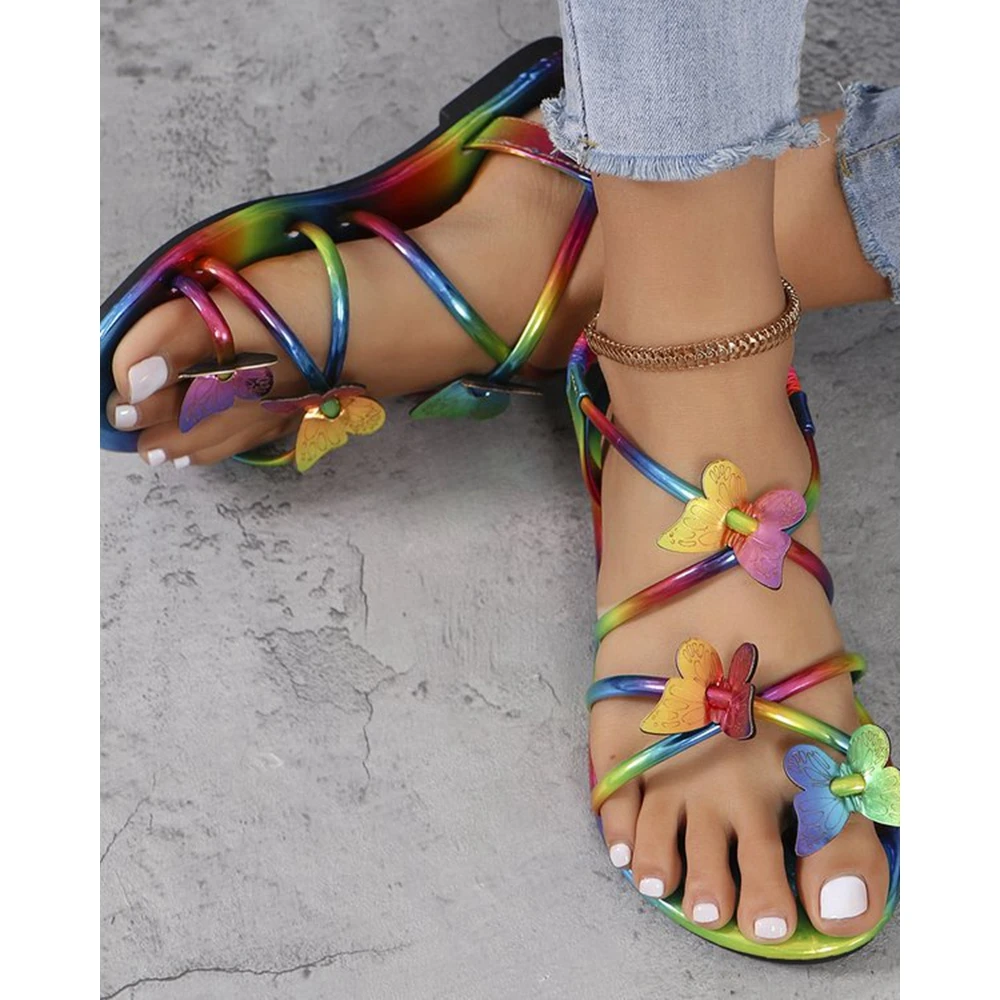 Women Summer Beach Butterfly Decor Back Strap Flats Sandals Outdoor Summer Fashion Round Toe Multicolor Going Out Summer Shoes