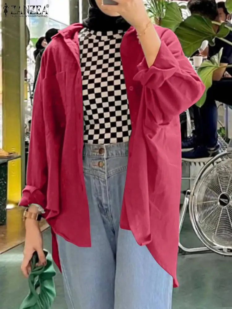 

ZANZEA Woman Casual Ramadan Blouse Long Sleeve Lapel Neck Shirt Fashion Turkey Hijab Tops Vintage Islamic Clothing Oversize 2023