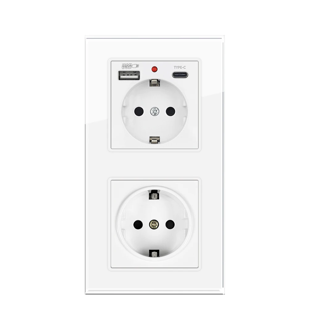 SRAN USB Wall SOCKET แนวตั้งการติดตั้ง EU 220V ปลั๊กคู่ 153*82 มม.กระจกนิรภัยแผงปลั๊กไฟฟ้าในตัว 1
