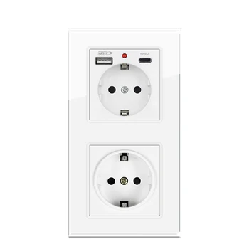 SRAN USB Wall SOCKET แนวตั้งการติดตั้ง EU 220V ปลั๊กคู่ 153*82 มม.กระจกนิรภัยแผงปลั๊กไฟฟ้าในตัว 1