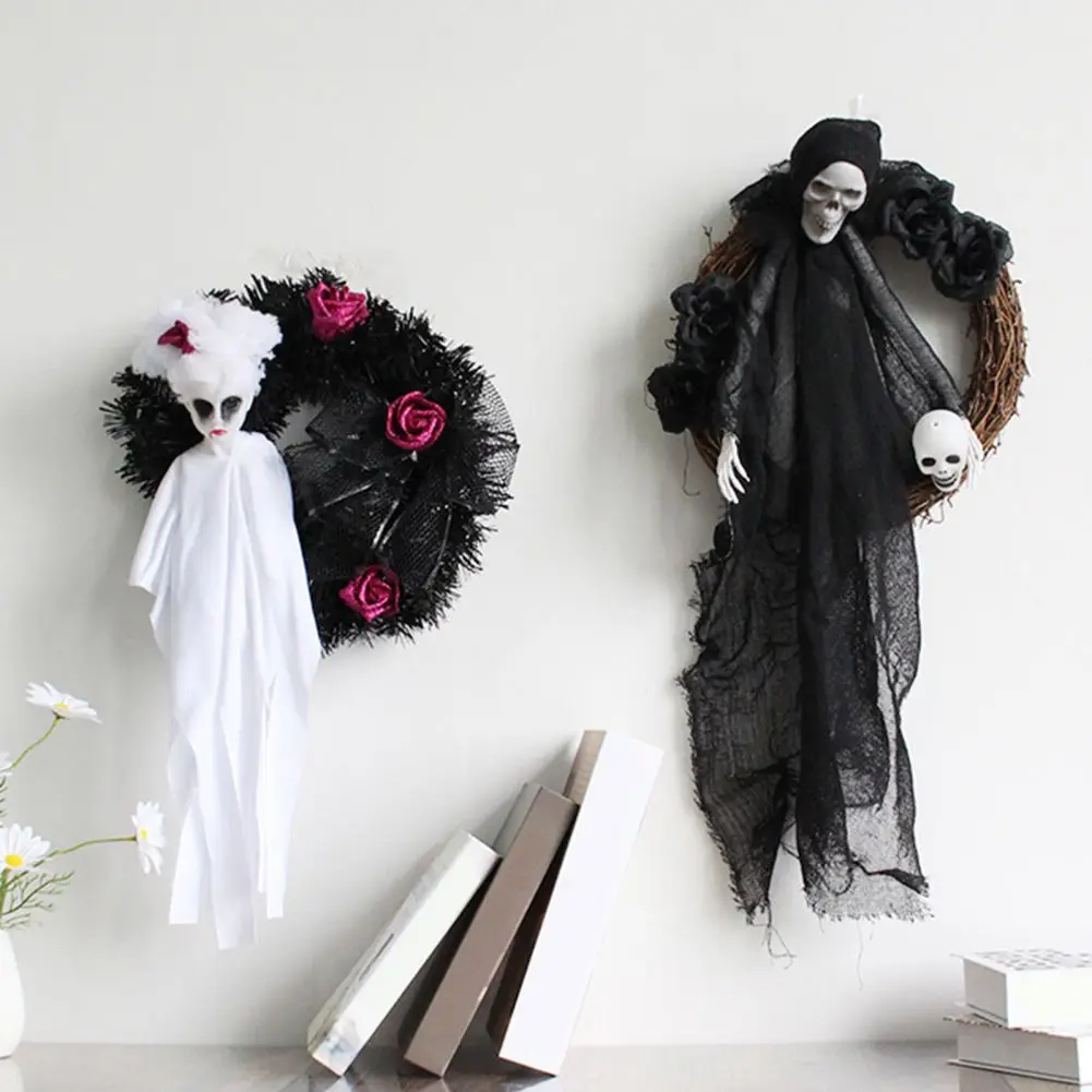 

Венок на Хэллоуин, черно-белая дверь призрака, подвесной день призрака, страх, украшение, страшные реквизиты для дома с привидениями